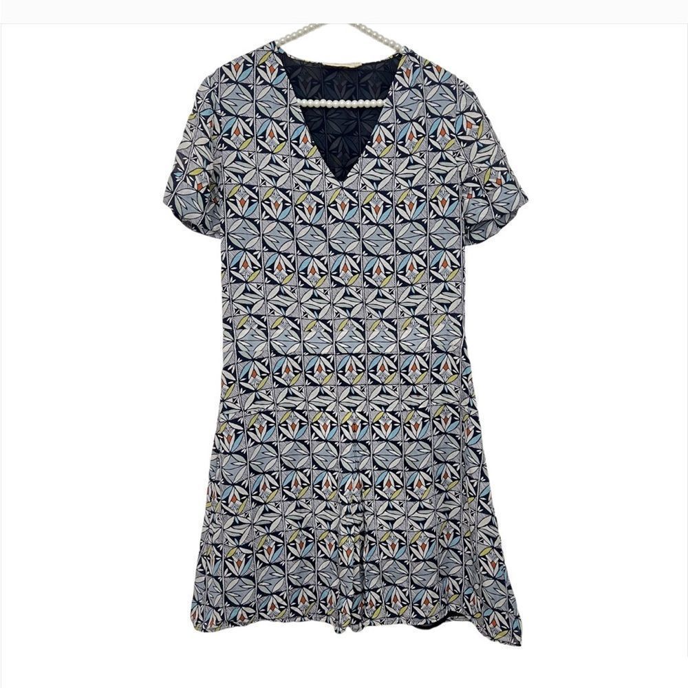 Tory Burch Short Sleeve Silk Short V-Neck Blue Dress Women’s Size Medium